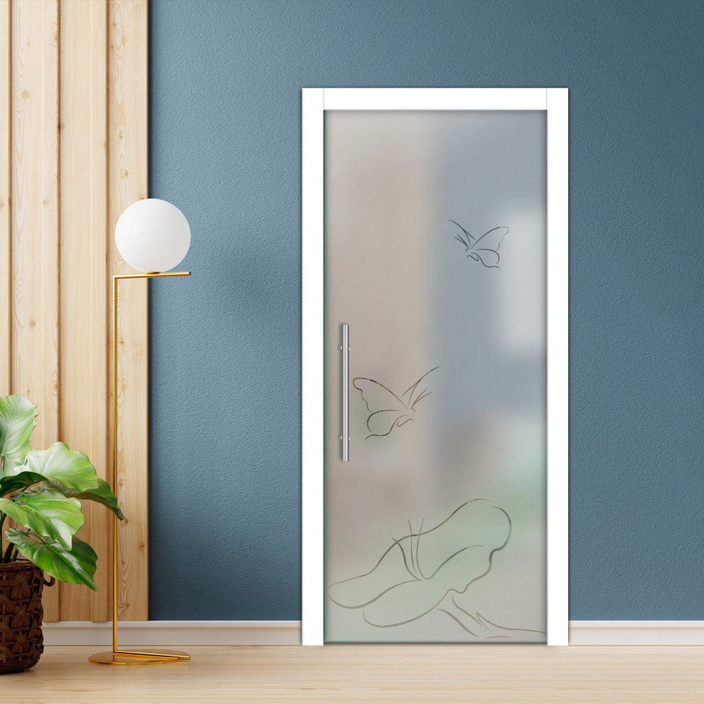 Frameless Pocket Sliding Glass Door, Sandblasted Design, 32"x80" Inches, T-Handle Bar, Semi-Private