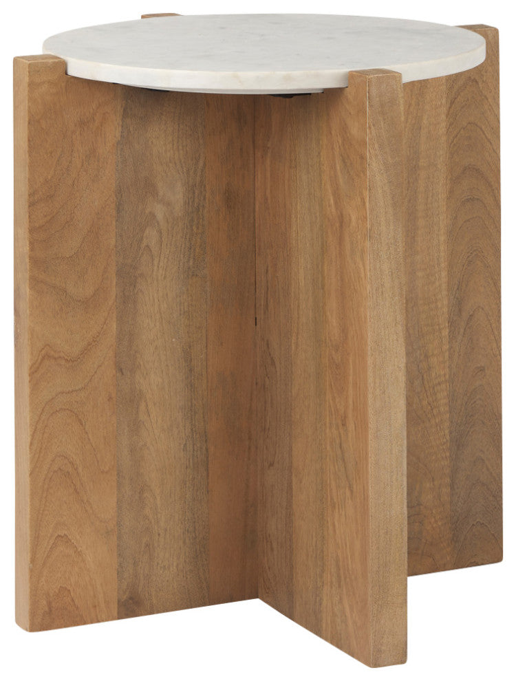 Bianca Light Brown Solid Wood w/ White Marble Top Accent Table