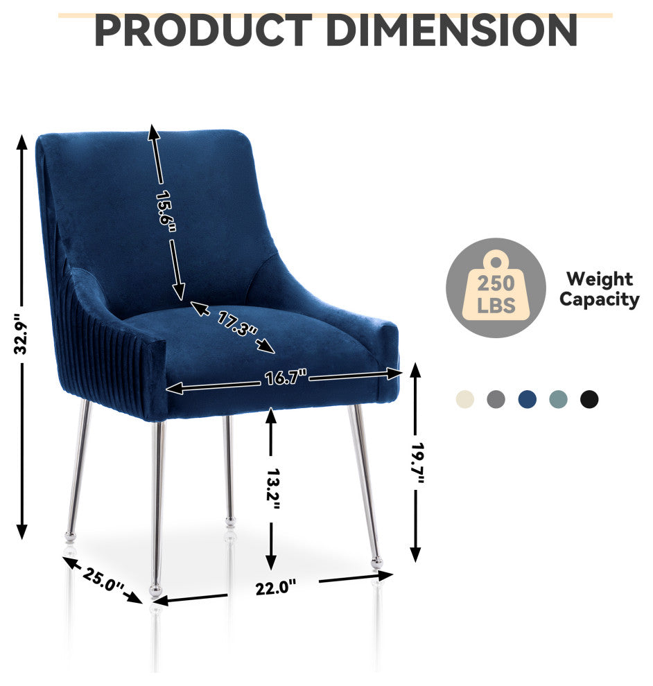 Pleated Velvet Dining Chair Set of 2, Tufted Accent Chair with Silver Legs, Navy