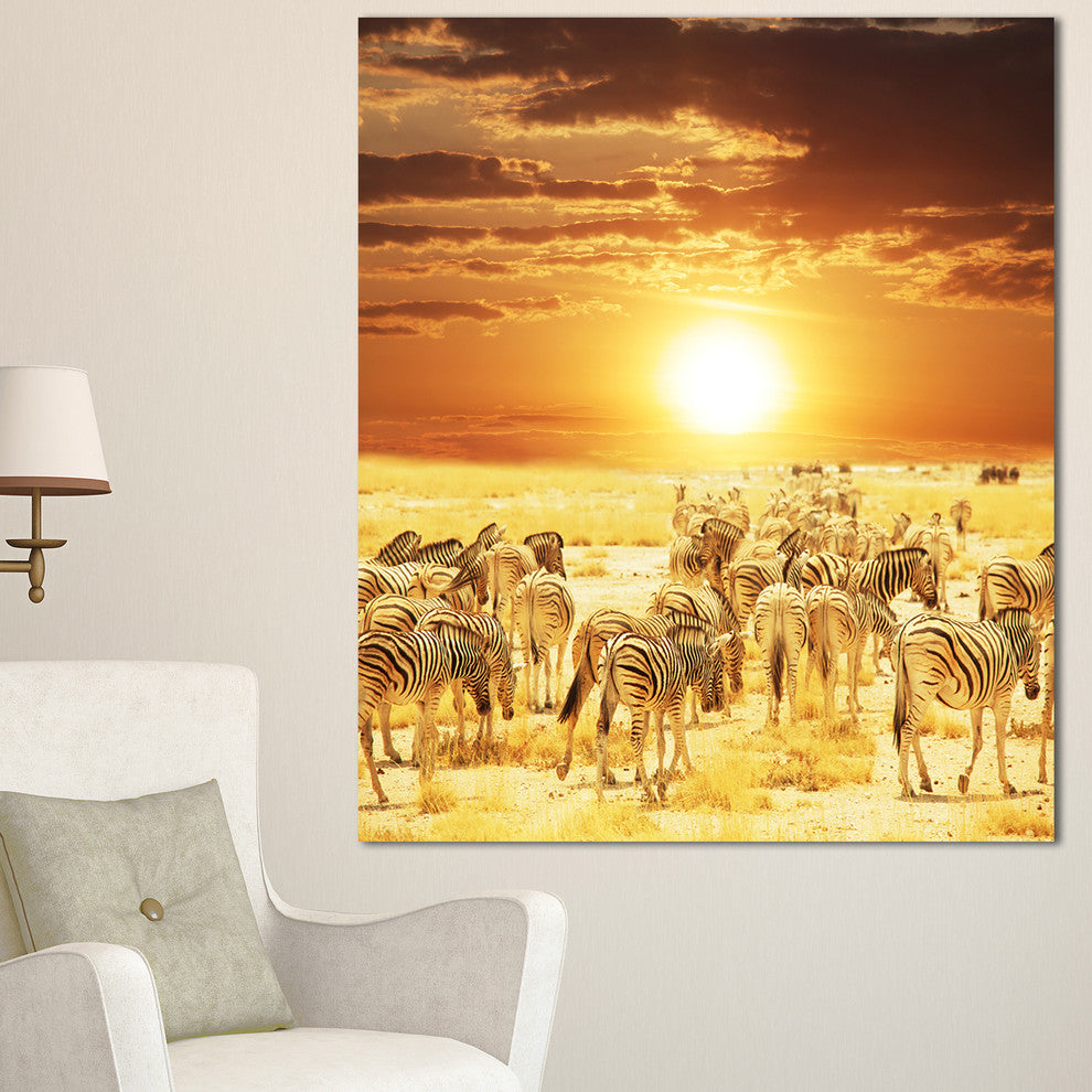 Wandering Herd of Zebra At Sunset, African Canvas Art Print, 30"x40"