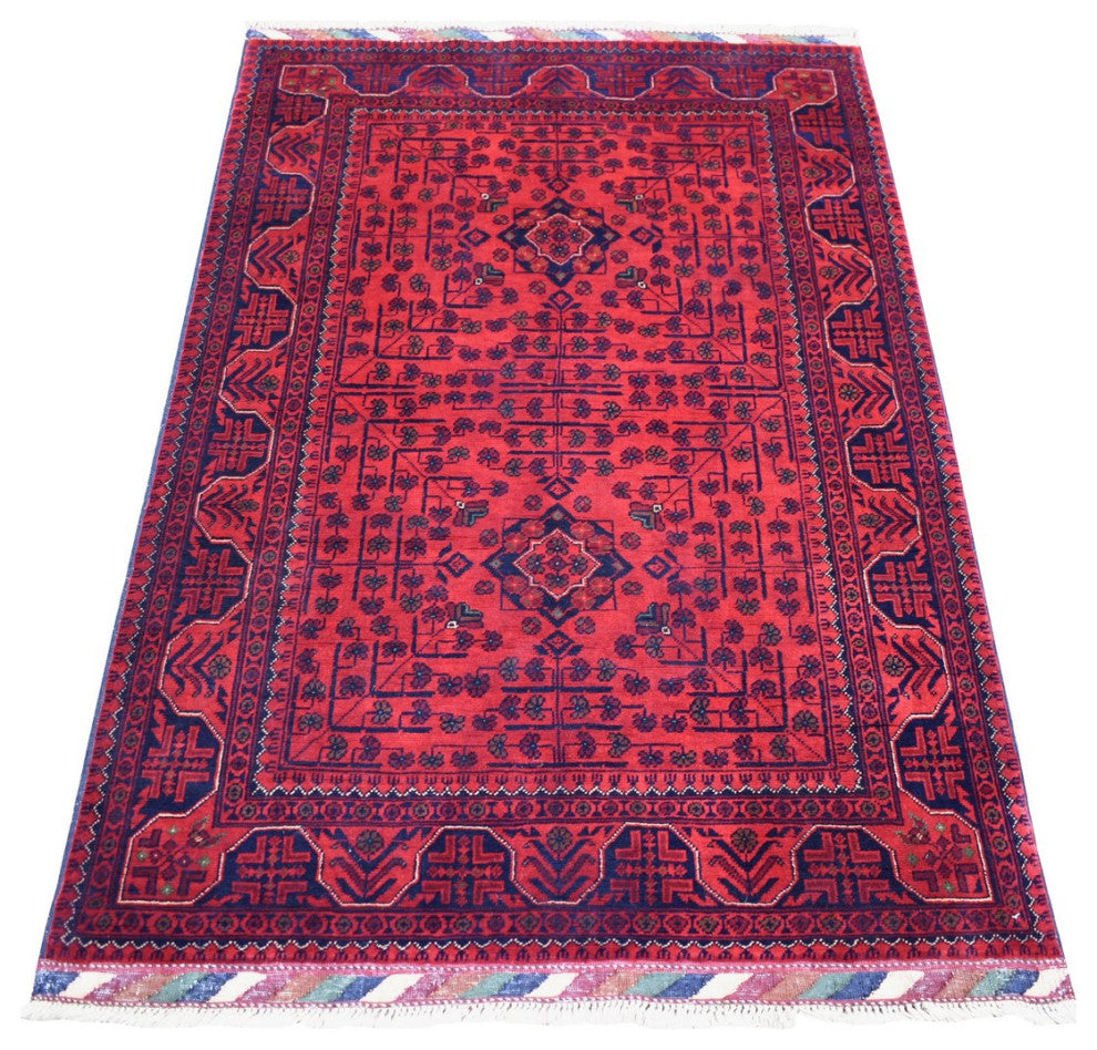 Deep and Saturated Red Shiny Wool Hand Knotted Afghan Khamyab Rug, 3'4"x4'10"
