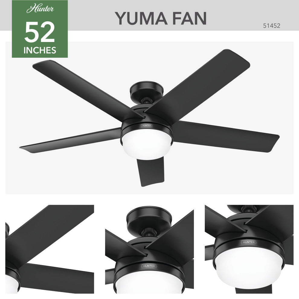 Hunter 52" Yuma Matte Black Damp Rated Ceiling Fan With LED Light Kit and Remote