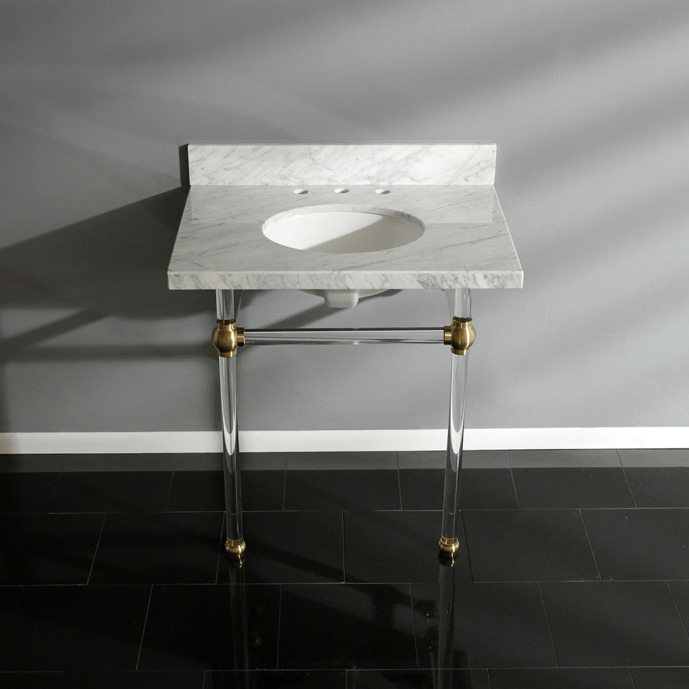 30X22 Marble Vanity Top w/Acrylic Console Legs, Carrara Marble/Brushed Brass