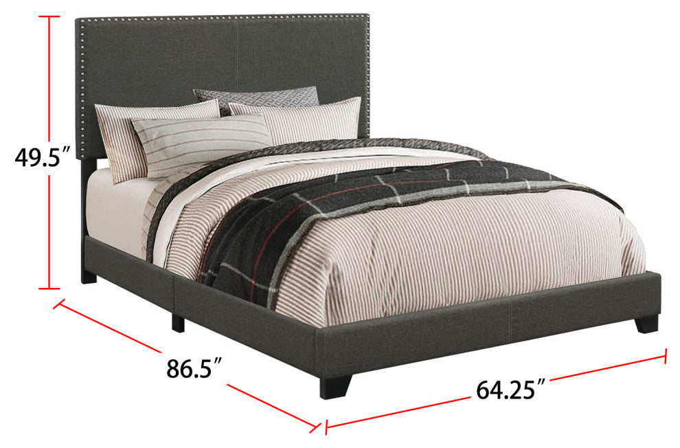 Nailhead Upholstered Queen Bed, Charcoal
