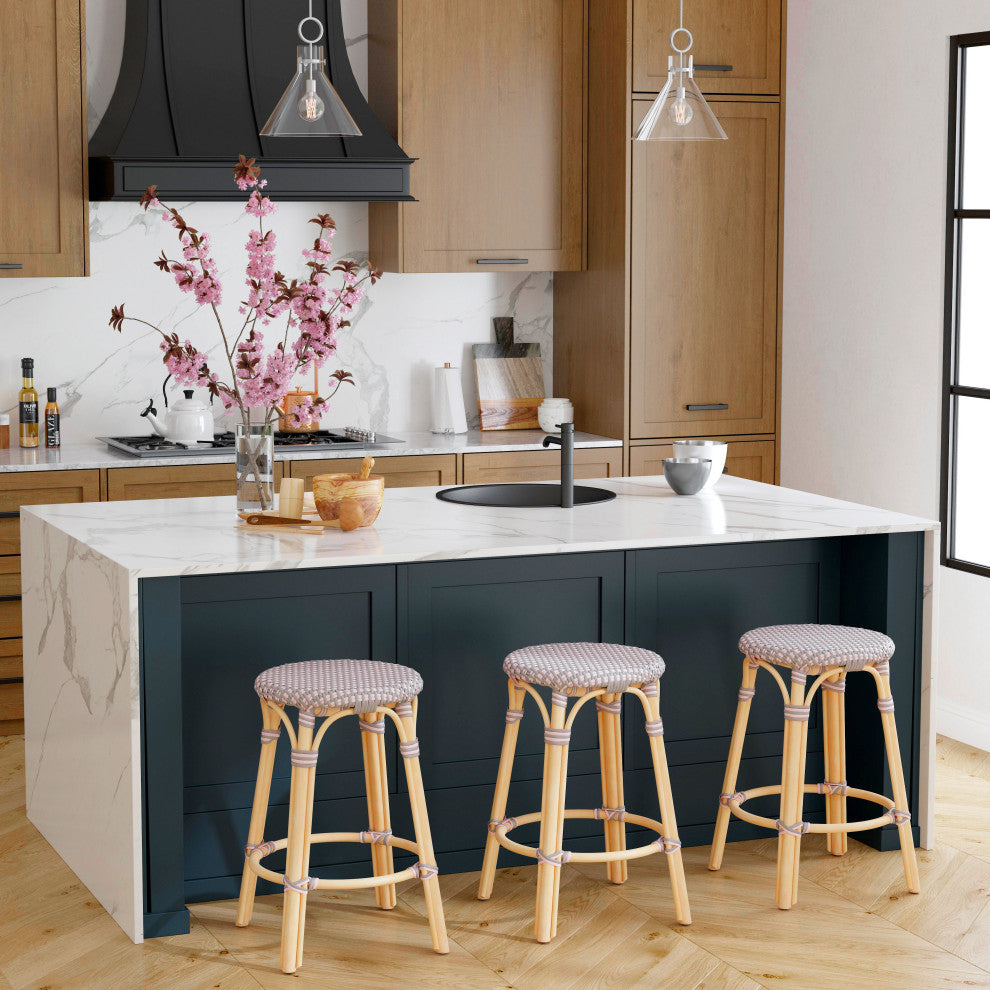 Tobias Rattan Counter Stool, Gray and Pink