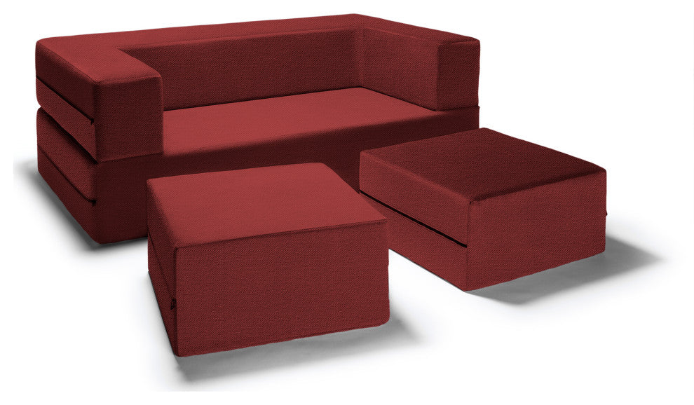 Zipline Convertible Sleeper Loveseat With 2 Ottomans, 3-Piece Set, Tomato