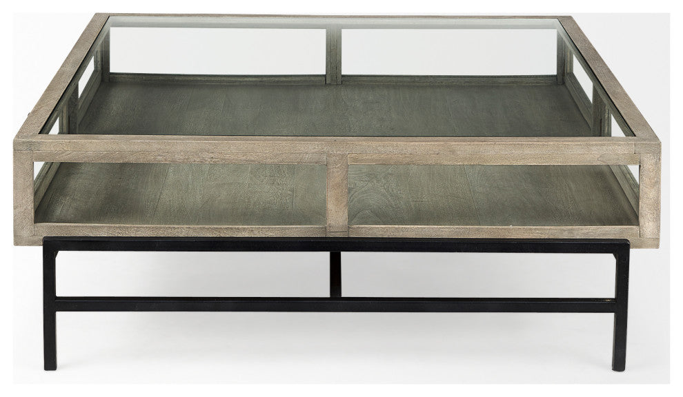 Arelius 42L x 42W x 15H Gray Wood W/ Black Metal Base Square  Coffee Table, Gray