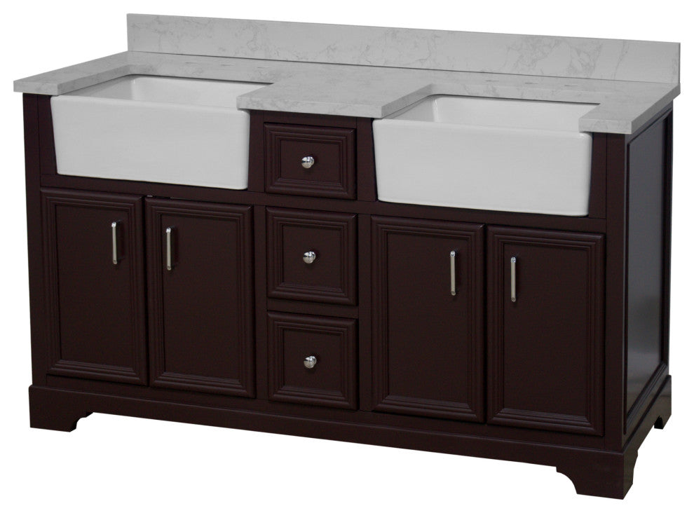 Zelda 60" Bathroom Vanity, Chocolate, Engineered Carrara, Double