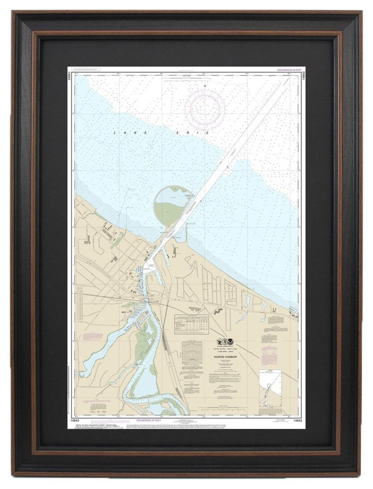 Poster Size Framed Nautical Chart, Lake Erie, Huron Harbor, 23x36