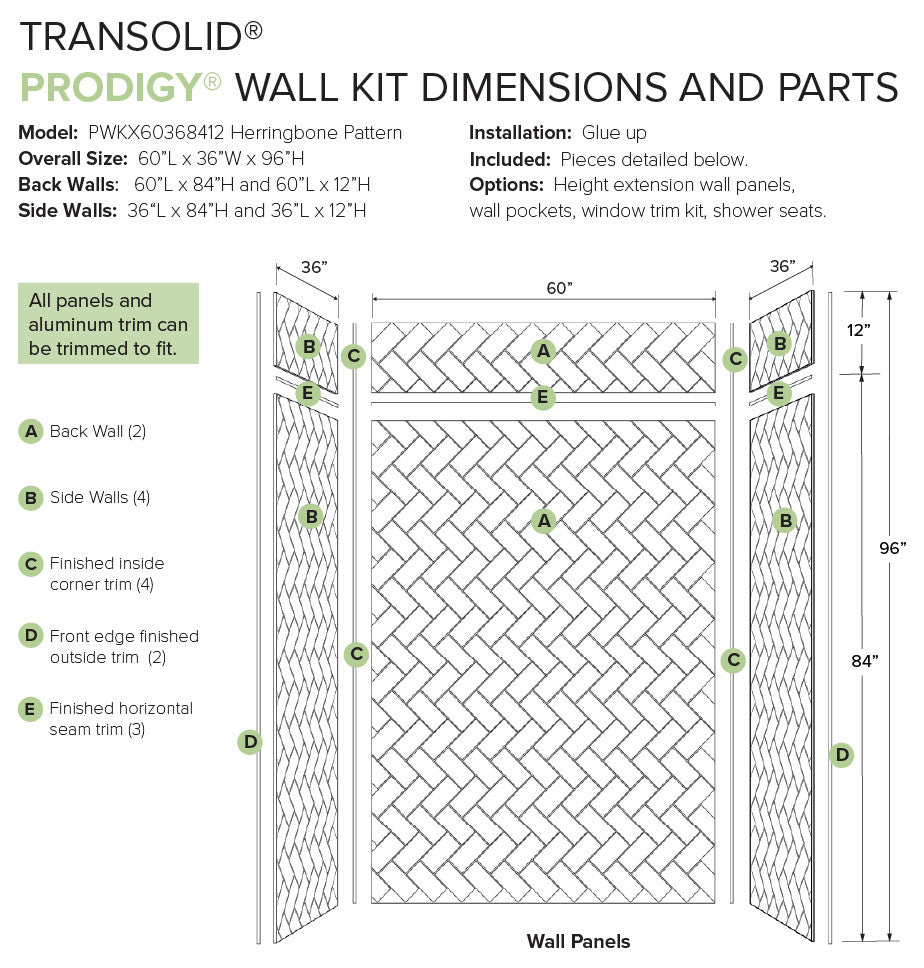 Transolid PWKX60368412-431 Prodigy 60"x36"x96" Shower Wall Kit White Herringbone