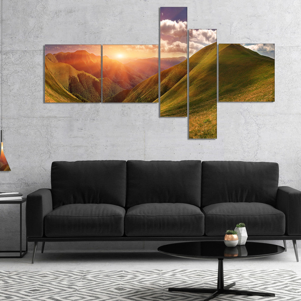Sunrise Over Green Mountains, Landscape Photo Canvas Print, 60"x32", 5 panels
