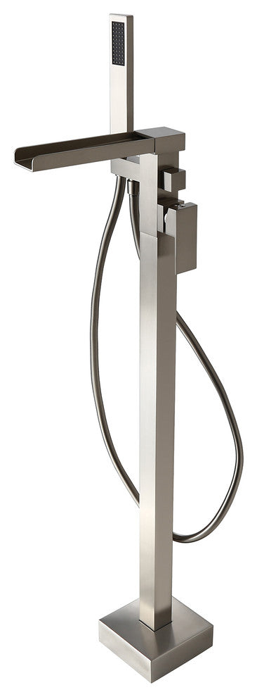Modern Waterfall Freestanding Bathroom Bathtub Faucet Floor Mount Tub Filler, Brushed Nickel