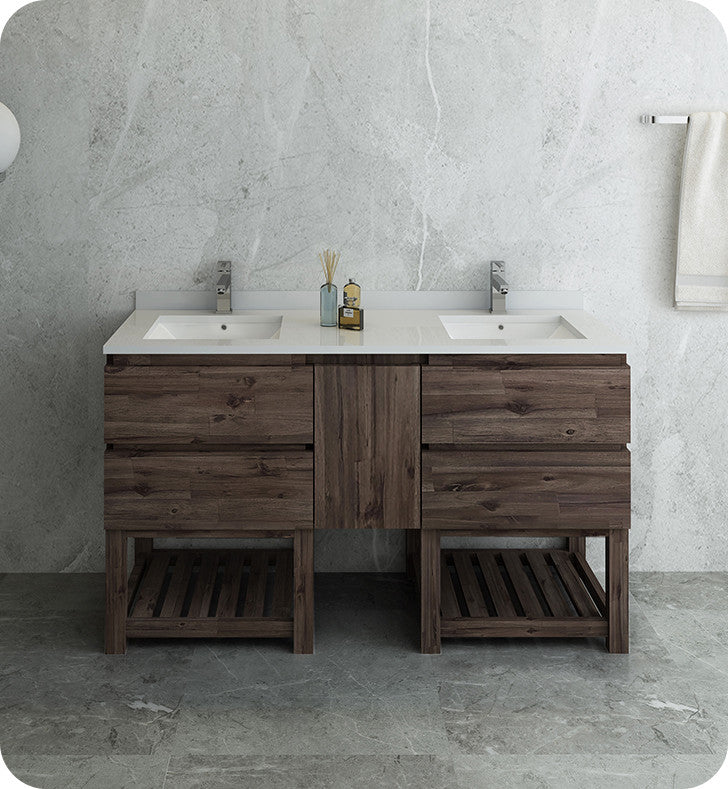 Formosa Floor Standing Open Bottom Double Sink Modern Bathroom Cabinet, 58"