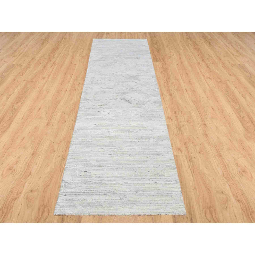 Gray Modern Hand Knotted Hand Spun Undyed Natural Wool Runner Rug, 2'6"x9'9"