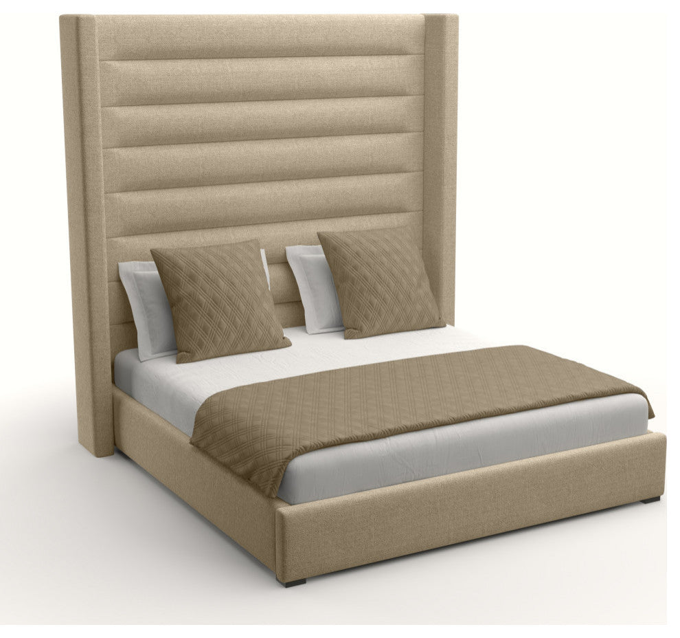 Nativa Interiors Aylet Horizontal Channel Tufted Bed, Flax, Queen, High Headboard