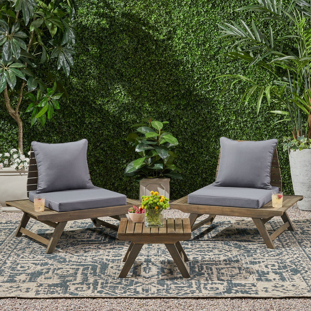 Rosalind Outdoor 2 Seater Acacia Wood Club Chairs and Side Table Set, Gray, Dark Gray