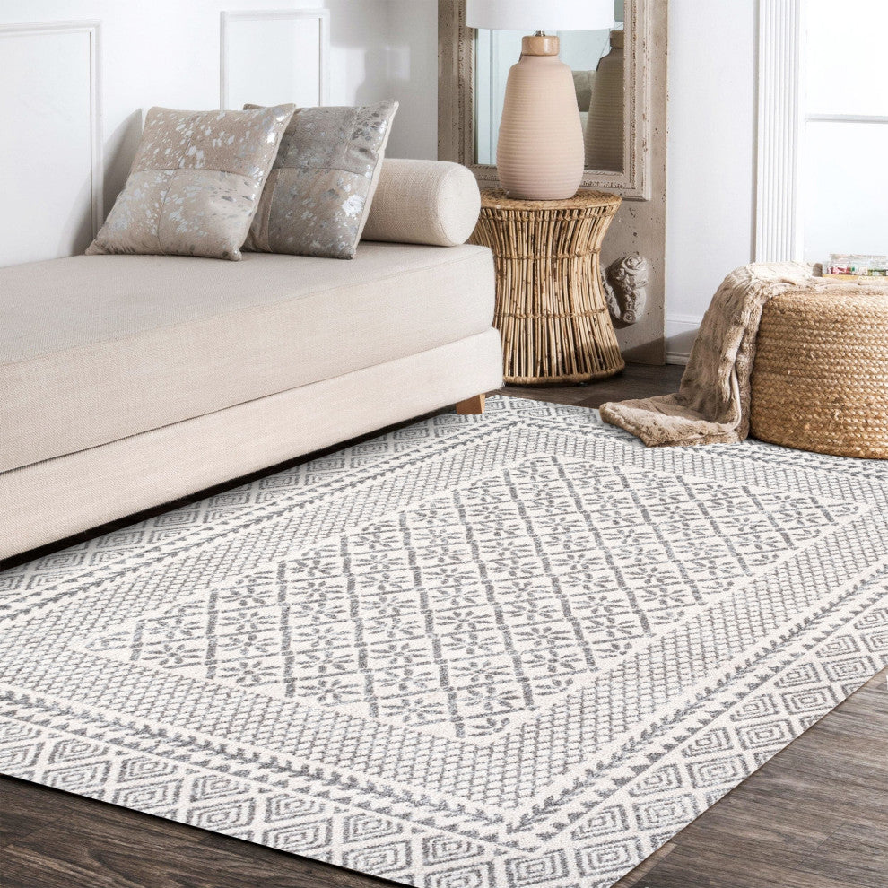 Athens Modern Geometric Boho Rug Gray/Cream 5 ft. x 8 ft. Area Rug