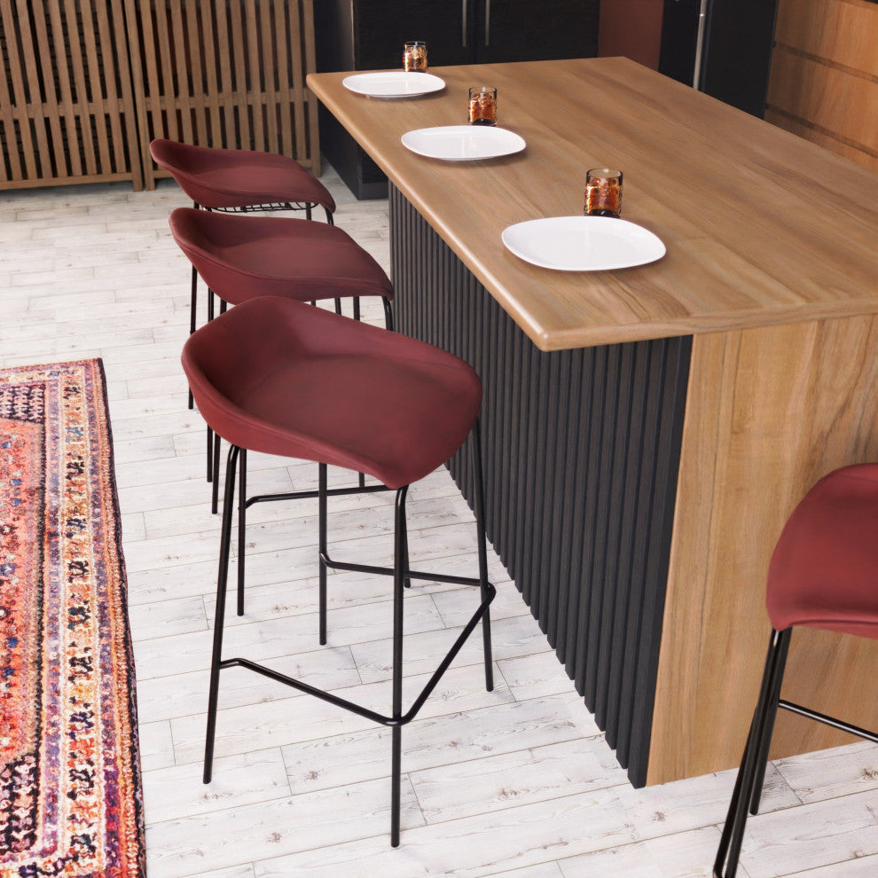 LeisureMod Servos Barstool With Faux Leather Seat and Iron Frame Set of 2, Bordeaux
