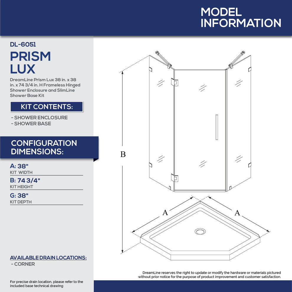 Prism Lux 38x74 3/4 Neo-Angle Shower Enclosure Oil Rubbed Bronze, White Base