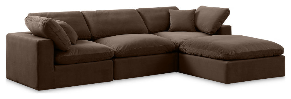 Comfy Upholstered L-Shaped Modular Sectional, Brown, 4-Piece: 1 Armless Chair, 2 Corner Chair, 1 Ottoman, Velvet