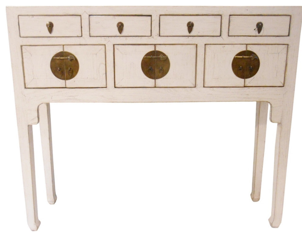 Chinese Console Lacquer Lady Chest, Antique White With Gold Highlight