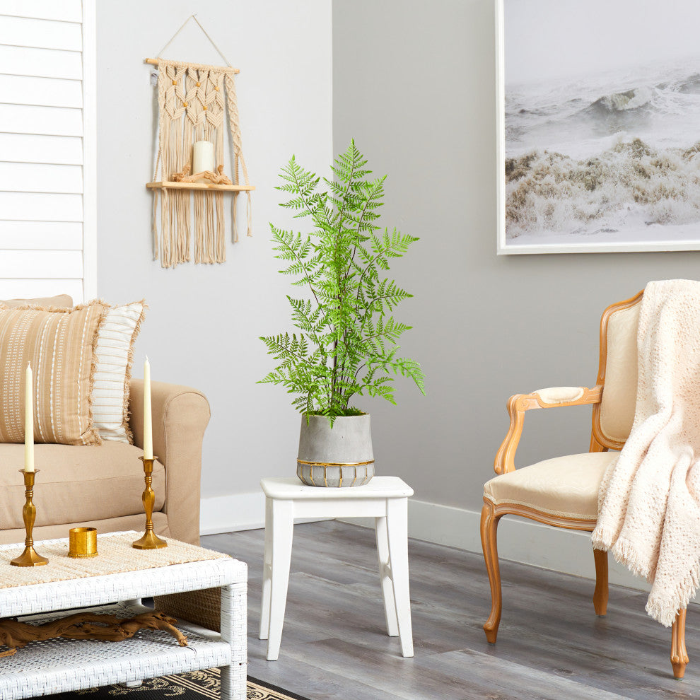 3' Ruffle Fern Artificial Tree, Stoneware Planter With Gold Trimming