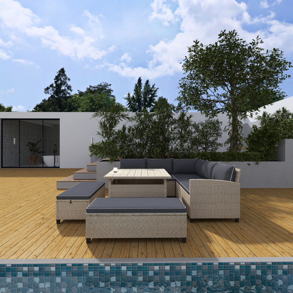 6 Pieces Outdoor Rattan Patio Sectional Sofa With Table and Benches