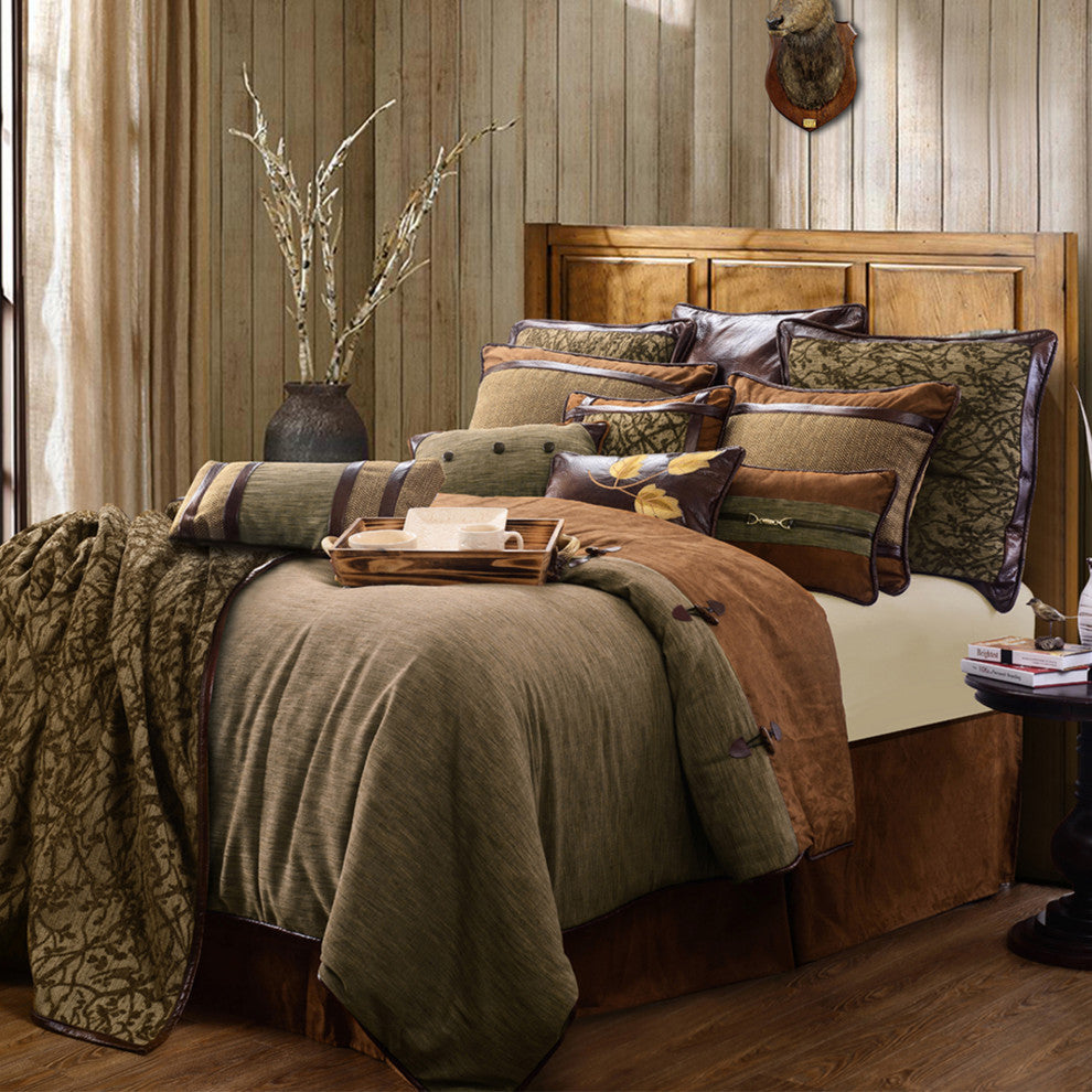 Highland Lodge Olive Brown Rustic Bedding 5 Piece Comforter Set, Full