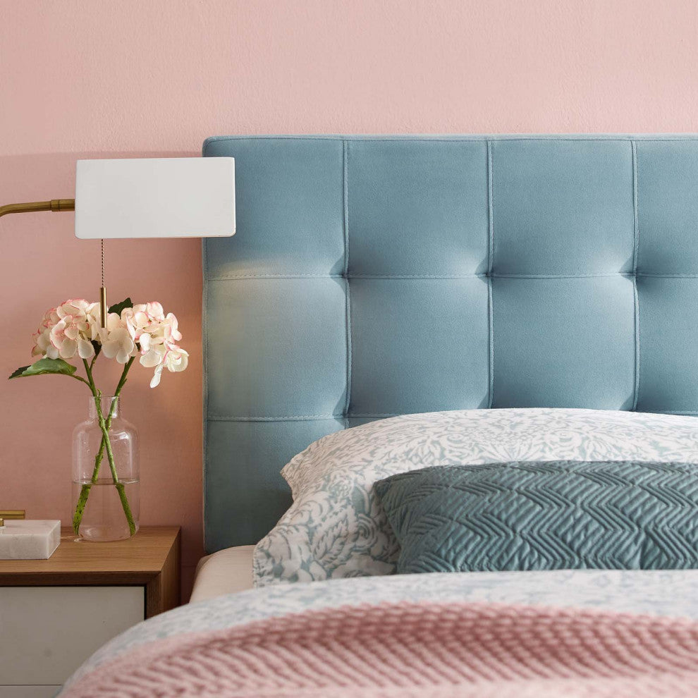 Contemporary Modern King Size Tufted Headboard, Velvet Fabric, Light Blue
