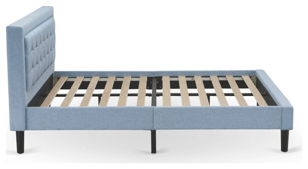 2Pc Fannin Bed Set, 1 Queen Size Frame, End Table For Bedroom, Denim Blue