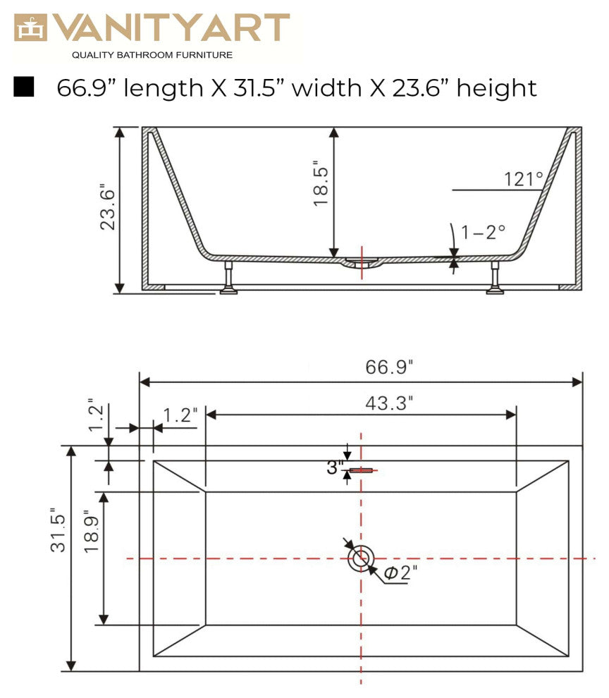 67" Freestanding Acrylic Bathtub, White/Matte Black