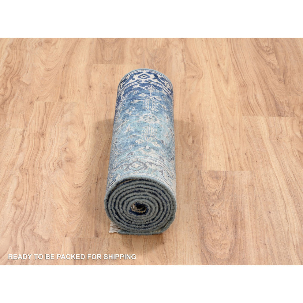 Blue/Teal Erased Wool And Silk Hand Knotted Broken Heriz Runner Rug, 2'7"x10'0"