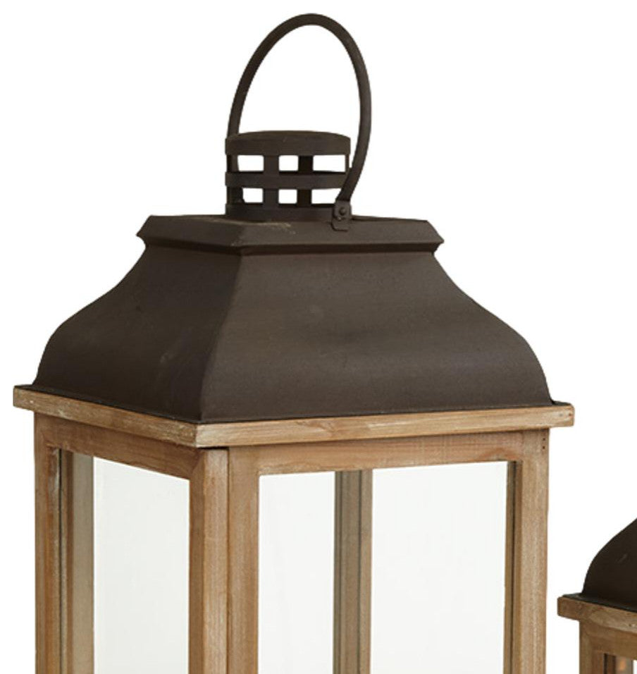Classic Farmhouse Candle Lantern Set of 2 Large Wood Rust Iron Traditional
