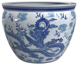 18" Dragon Blue and White Porcelain Fishbowl