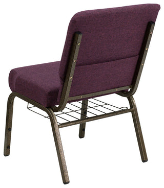 HERCULES 21'W Church Chair, Plum Fabric, Cup Book Rack, Gold Vein Frame