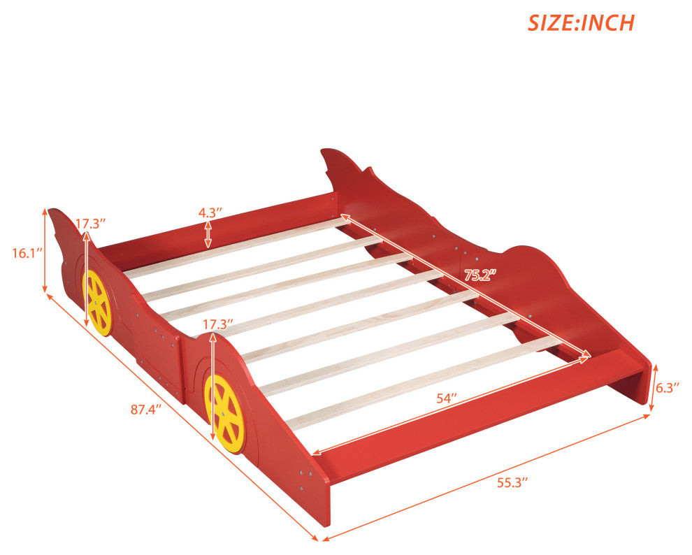Gewnee Wood Full Size Car Shaped Platform Bed with Wheels for Kids in Red
