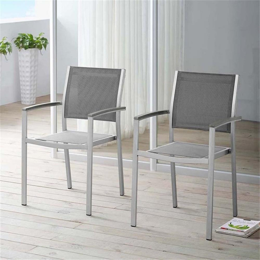 Modway Shore Fabric Aluminum Patio Dining Arm Chair in Silver/Gray (Set of 2)