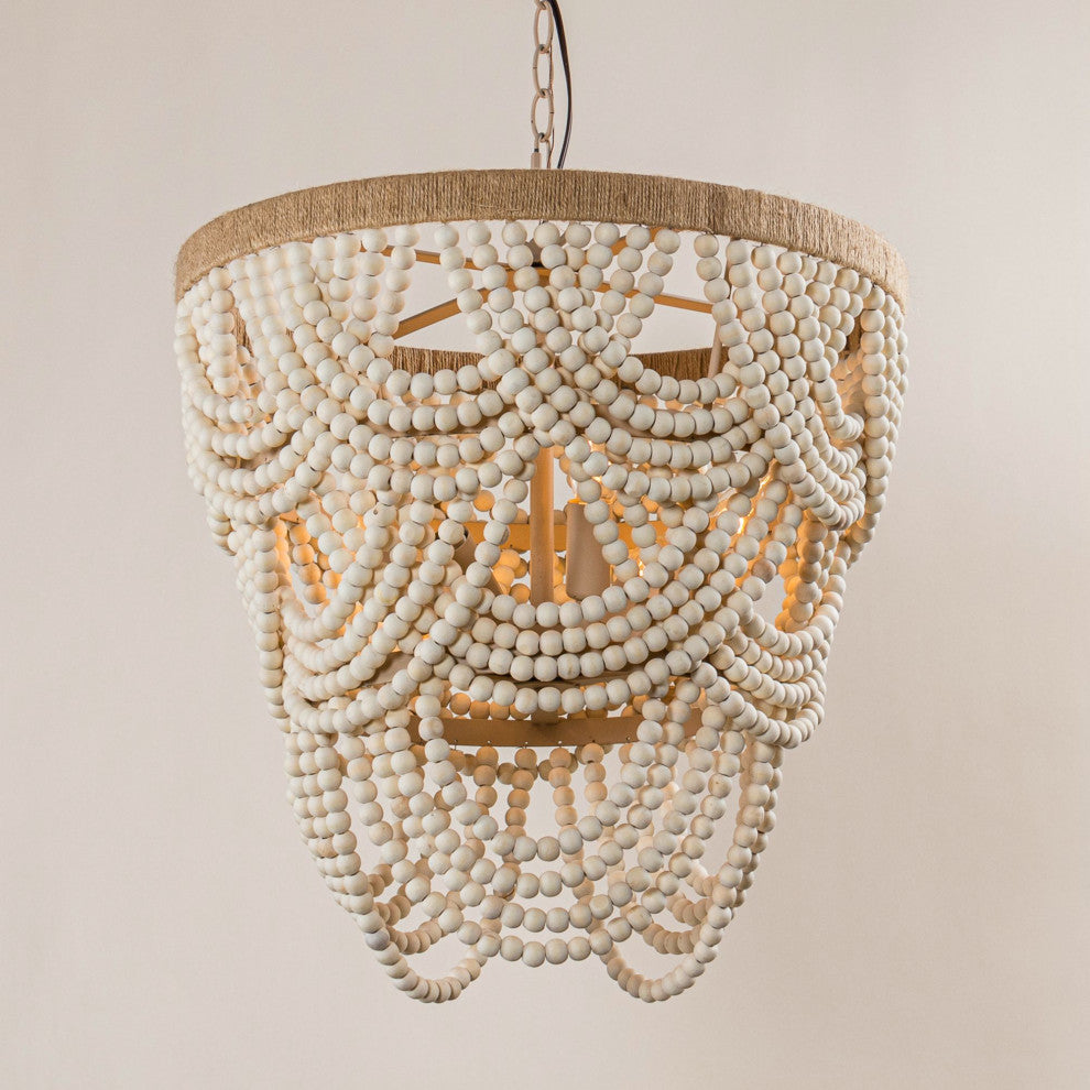 4-Light Farmhouse Wood Beaded Chandelier Candle Style