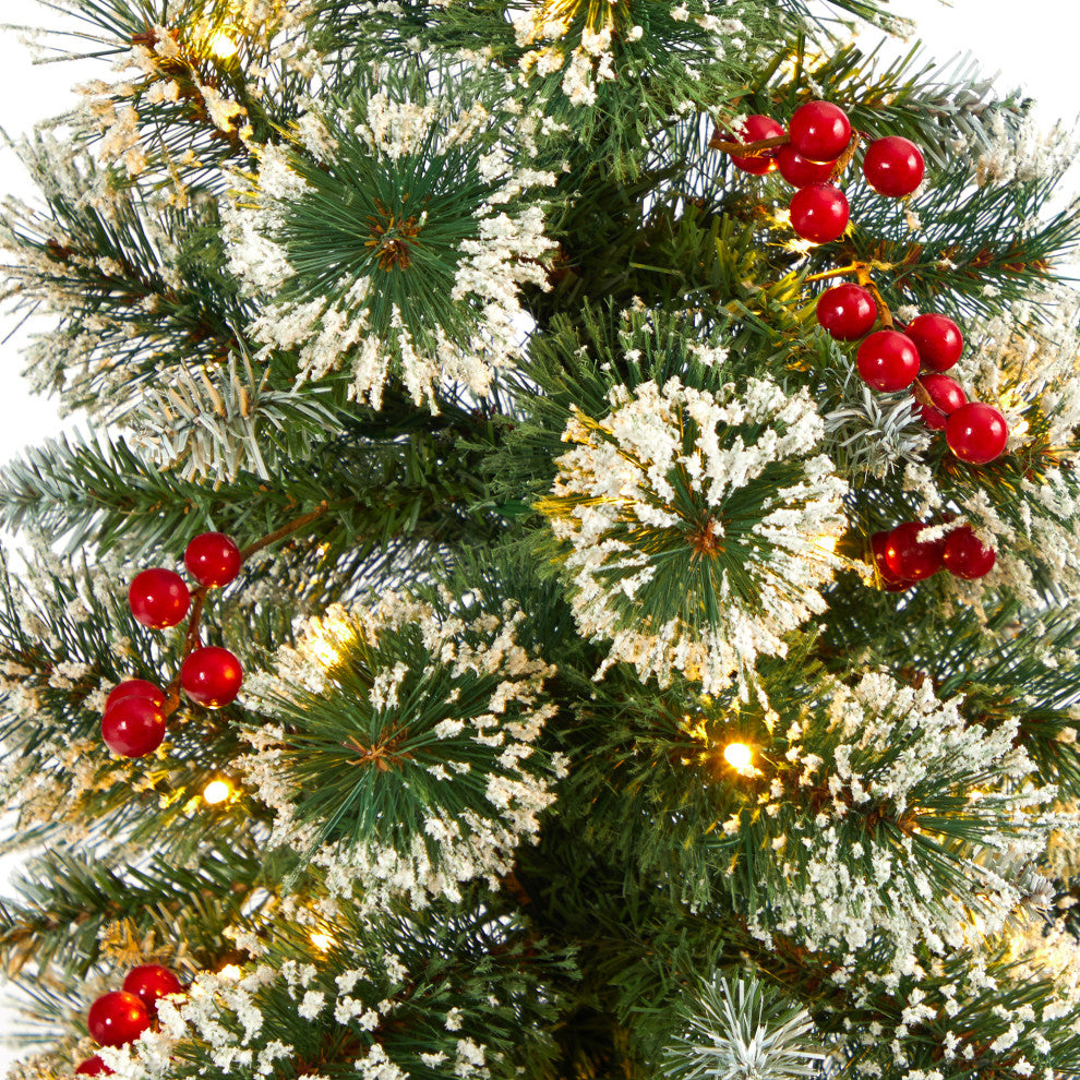 50" Frosted Swiss Pine Faux Xmas Tree W/100 Clear Lights & Berries, Planter