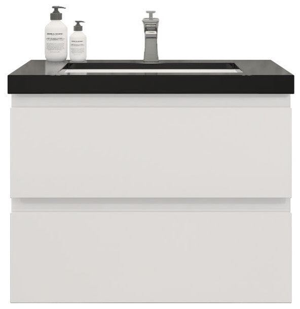 Belli 30" Wall Mounted Single Bathroom Vanity Set, Glossy White, Matt Black Top