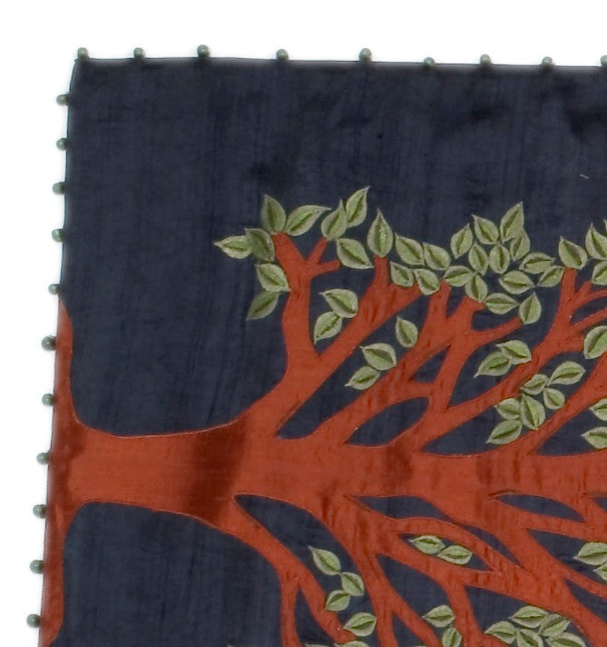 Tree of Life Table Runner in Ivory Silk, Navy Silk