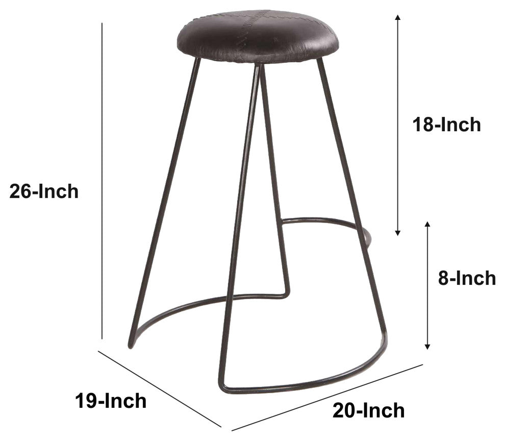 26" Counter Height Stool, Genuine Leather Upholstery, Metal Frame, Black
