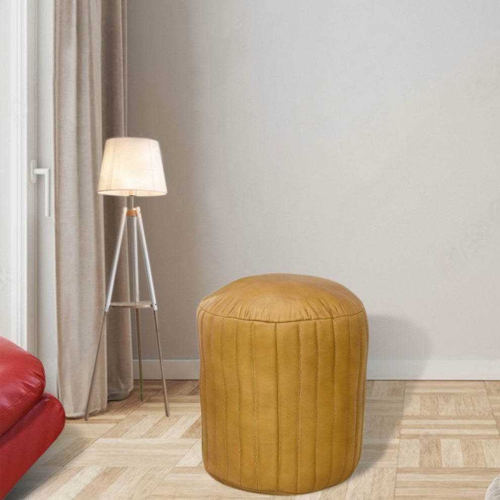 Poufs-Solid Handmade Goat Leather Pouf, Recycled Cotton Fill, Beige, Round, 16x16x16