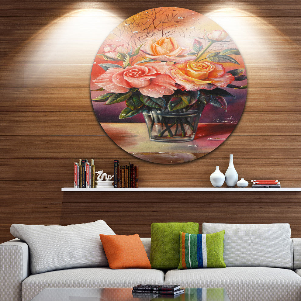 Roses On Marble Table, Floral Digital Art Large Disc Metal Artwork, 36"