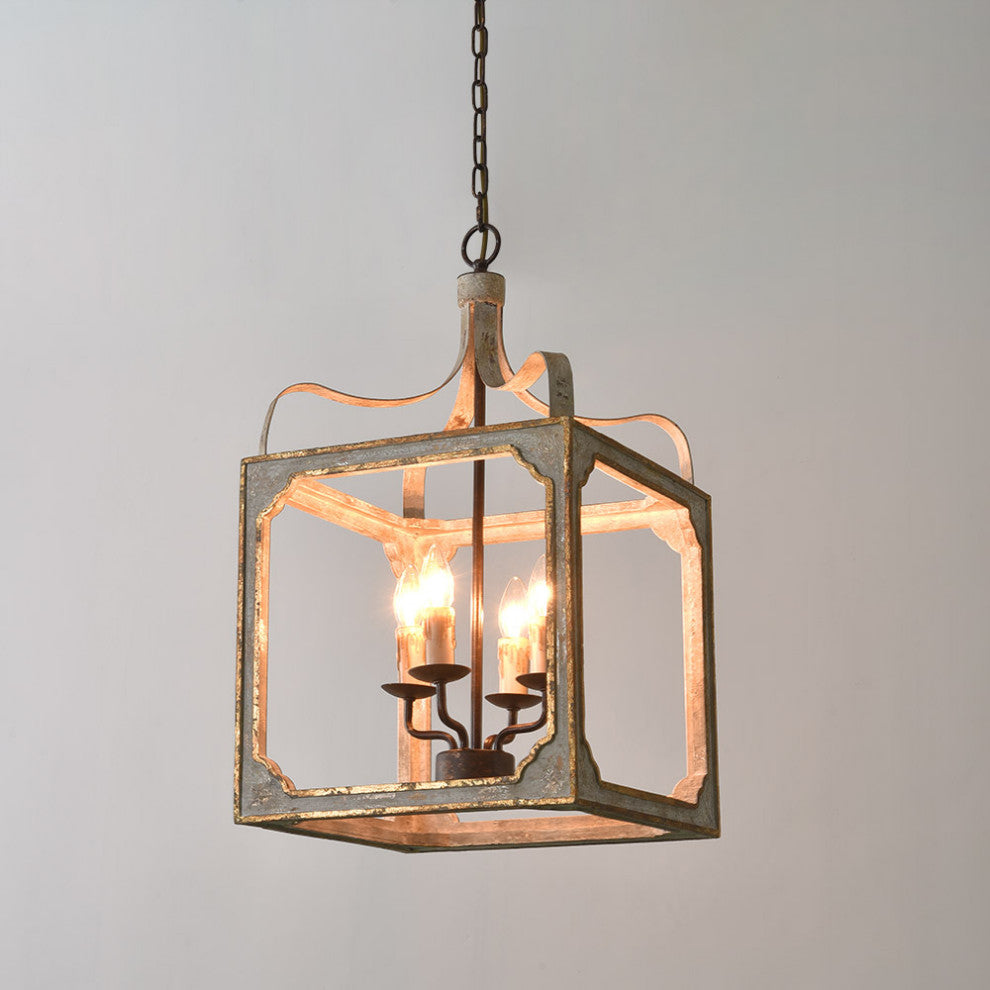 4-Light Lantern Chandelier Square Candelabra Pendant Light, Antique Gray