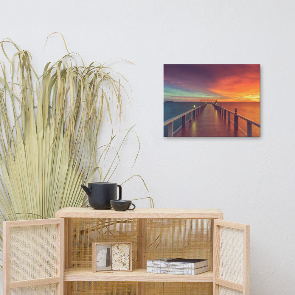 Surreal Wooden Pier At Sunset Intrigued Landscape Photo Canvas Art Print, 18" X 24"