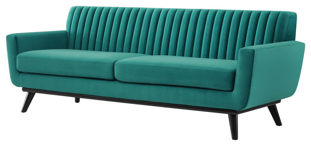 Tufted Sofa, Velvet, Teal Blue, Modern, Living Lounge Hotel Lobby Hospitality
