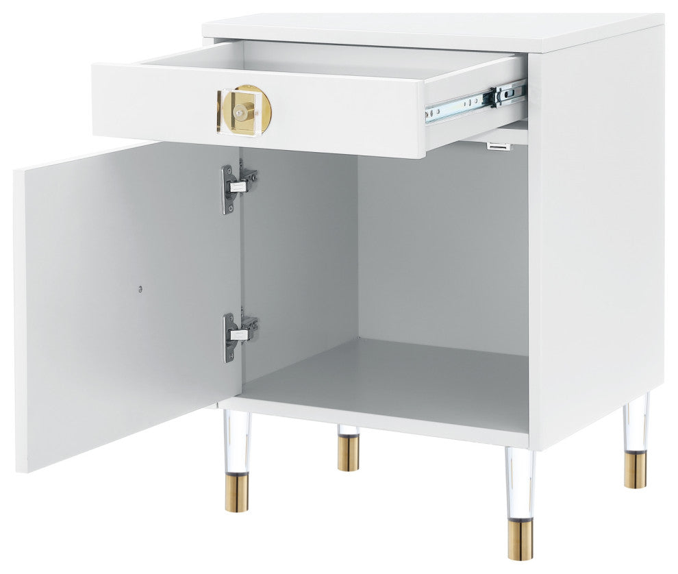 Nicole Miller Anatolio Nightstand High Gloss Acrylic Knob and Legs, White