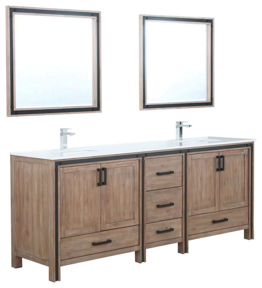Ziva 84 Barnwood DB Vanity, Cultured Marble Top, Square Sink, 34 Mirrors, Faucet