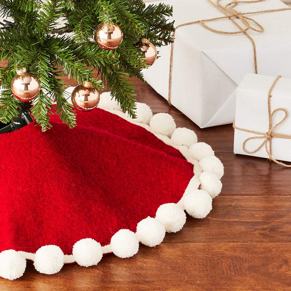 Mini Christmas Tree Skirt Pom Poms, Red Hand Felted Wool, 26"